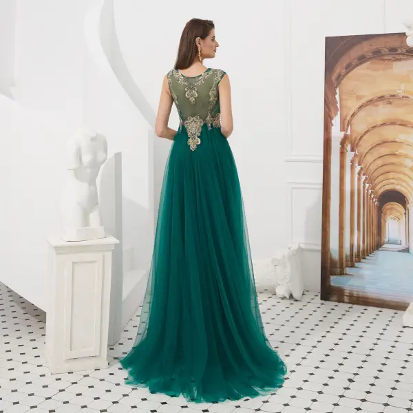 High-end Dark Green See-through Evening Dresses 2020 A-Line / Princess Square Neckline Sleeveless Appliques Lace Beading Sweep Train Ruffle Formal Dresses