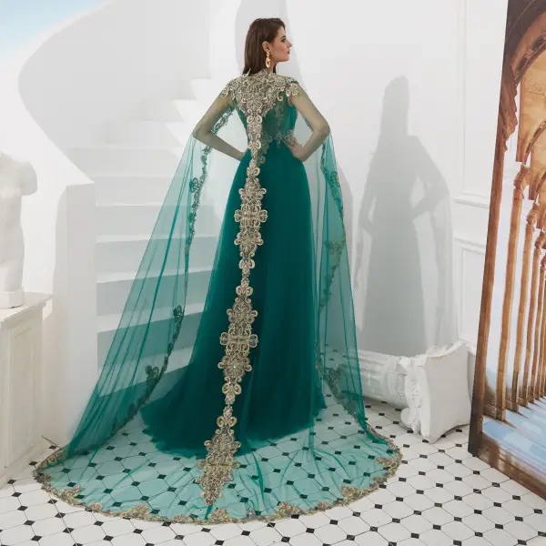 High-end Dark Green See-through Evening Dresses 2020 A-Line / Princess Square Neckline Sleeveless Appliques Lace Beading Sweep Train Ruffle Formal Dresses
