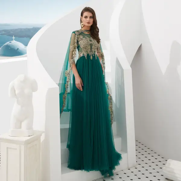 High-end Dark Green See-through Evening Dresses 2020 A-Line / Princess Square Neckline Sleeveless Appliques Lace Beading Sweep Train Ruffle Formal Dresses