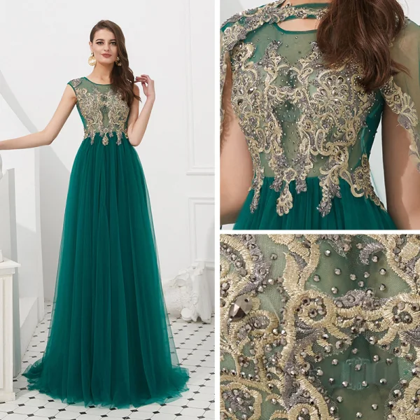 High-end Dark Green See-through Evening Dresses 2020 A-Line / Princess Square Neckline Sleeveless Appliques Lace Beading Sweep Train Ruffle Formal Dresses
