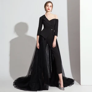 Modest Simple Black Jumpsuit 2020 One Shoulder 3 4 Sleeve Sweep Train Ruffle Backless Evening Dresses