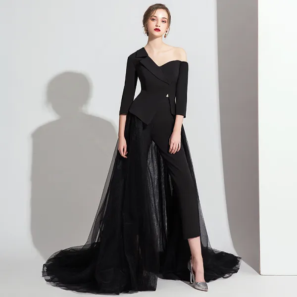 Modest / Simple Black Jumpsuit 2020 One-Shoulder 3/4 Sleeve Sweep Train Ruffle Backless Evening Dresses