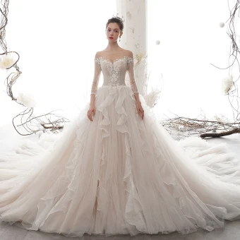 Romantic Champagne See Through Wedding Dresses 2020 Ball Gown Scoop Neck 3 4 Sleeve Backless Appliques Lace Beading Cathedral Train Ruffle