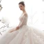 Romantic Champagne See-through Wedding Dresses 2020 Ball Gown Scoop Neck 3/4 Sleeve Backless Appliques Lace Beading Cathedral Train Ruffle