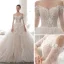 Romantic Champagne See-through Wedding Dresses 2020 Ball Gown Scoop Neck 3/4 Sleeve Backless Appliques Lace Beading Cathedral Train Ruffle