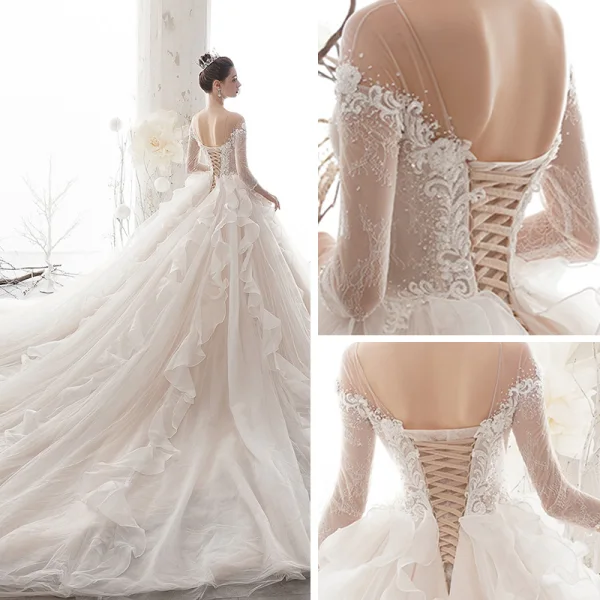 Romantic Champagne See-through Wedding Dresses 2020 Ball Gown Scoop Neck 3/4 Sleeve Backless Appliques Lace Beading Cathedral Train Ruffle