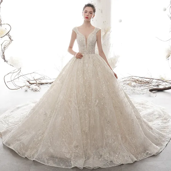 Champagne V Neck Tulle Appliques Backless Wedding Dress