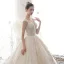 Luxury / Gorgeous Champagne See-through Wedding Dresses 2020 Ball Gown Deep V-Neck Sleeveless Backless Glitter Tulle Appliques Lace Sequins Beading Cathedral Train Ruffle