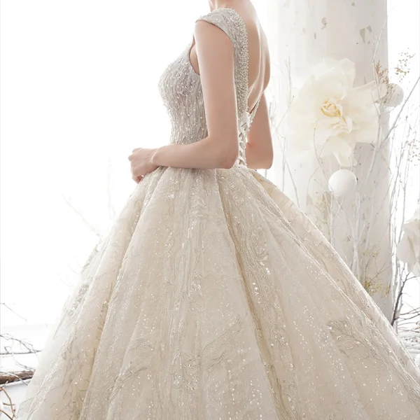 Luxury / Gorgeous Champagne See-through Wedding Dresses 2020 Ball Gown Deep V-Neck Sleeveless Backless Glitter Tulle Appliques Lace Sequins Beading Cathedral Train Ruffle