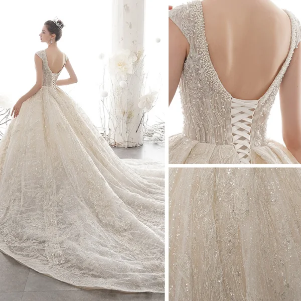 Luxury / Gorgeous Champagne See-through Wedding Dresses 2020 Ball Gown Deep V-Neck Sleeveless Backless Glitter Tulle Appliques Lace Sequins Beading Cathedral Train Ruffle