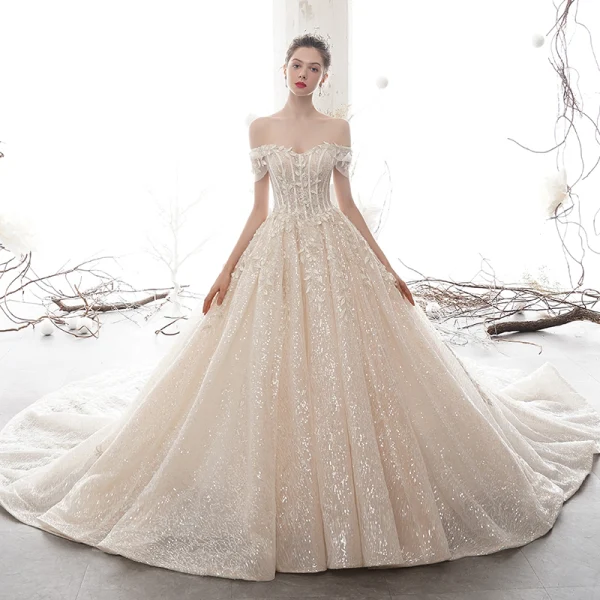 Sparkly Champagne Wedding Dresses 2020 Ball Gown Off-The-Shoulder Short Sleeve Backless Glitter Sequins Tulle Appliques Lace Beading Cathedral Train Ruffle