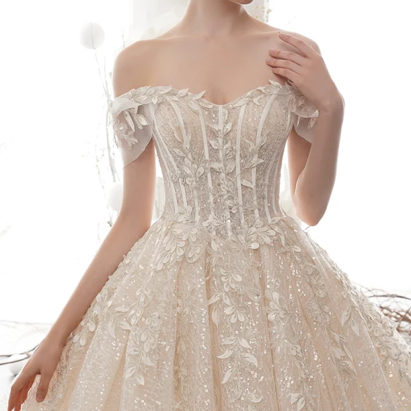 Sparkly Champagne Wedding Dresses 2020 Ball Gown Off-The-Shoulder Short Sleeve Backless Glitter Sequins Tulle Appliques Lace Beading Cathedral Train Ruffle