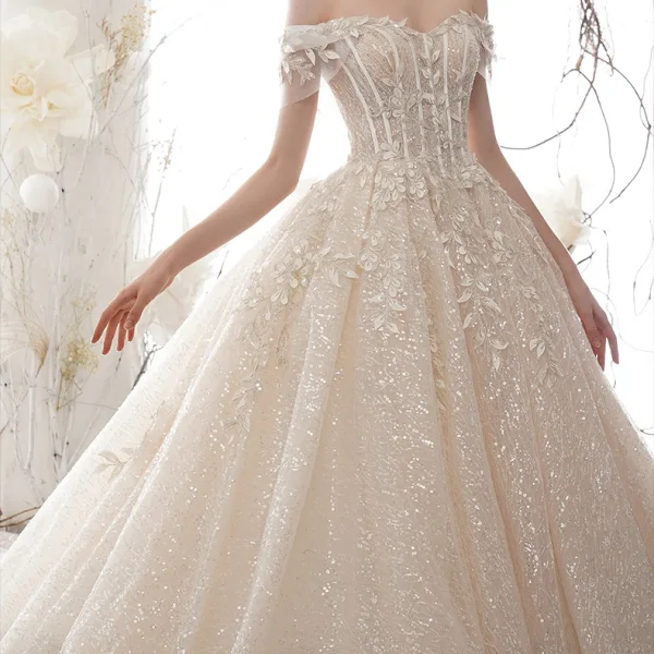 Sparkly Champagne Wedding Dresses 2020 Ball Gown Off-The-Shoulder Short Sleeve Backless Glitter Sequins Tulle Appliques Lace Beading Cathedral Train Ruffle