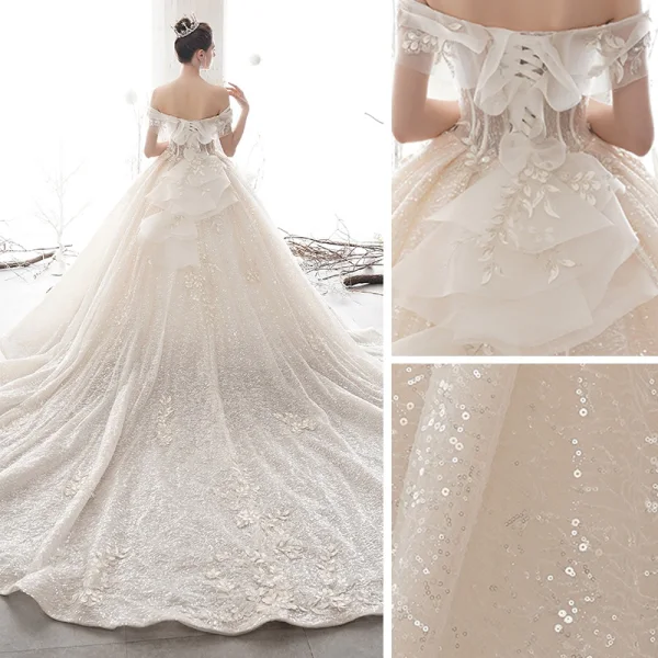 Sparkly Champagne Wedding Dresses 2020 Ball Gown Off-The-Shoulder Short Sleeve Backless Glitter Sequins Tulle Appliques Lace Beading Cathedral Train Ruffle