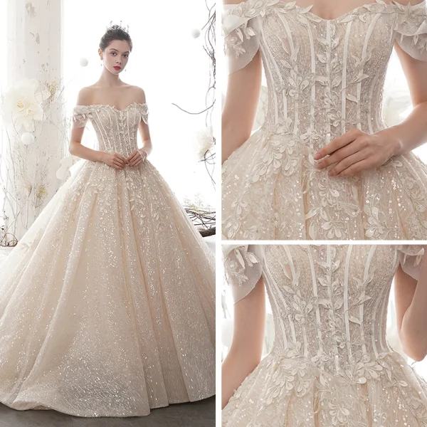 Sparkly Champagne Wedding Dresses 2020 Ball Gown Off-The-Shoulder Short Sleeve Backless Glitter Sequins Tulle Appliques Lace Beading Cathedral Train Ruffle