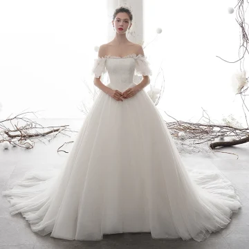 Schlicht Ivory Creme Brautkleider Hochzeitskleider 2020 A Linie Off Shoulder Geschwollenes Kurze Ärmel Rückenfreies Applikationen Spitze Kapelle Schleppe Rüschen