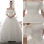 Schlicht Ivory / Creme Brautkleider / Hochzeitskleider 2020 A Linie Off Shoulder Geschwollenes Kurze Ärmel Rückenfreies Applikationen Spitze Kapelle-Schleppe Rüschen