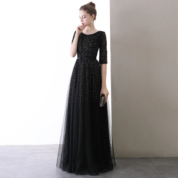 Chic / Beautiful Black Evening Dresses  2020 A-Line / Princess Scoop Neck 1/2 Sleeves Glitter Tulle Bow Sash Floor-Length / Long Ruffle Backless Formal Dresses