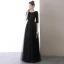Chic / Beautiful Black Evening Dresses  2020 A-Line / Princess Scoop Neck 1/2 Sleeves Glitter Tulle Bow Sash Floor-Length / Long Ruffle Backless Formal Dresses