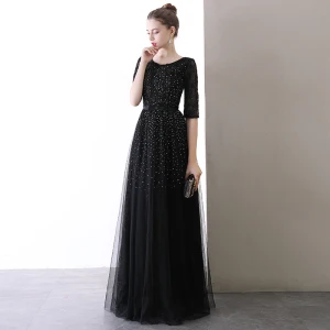 Chic Beautiful Black Evening Dresses 2020 A Line Princess Scoop Neck 1 2 Sleeves Glitter Tulle Bow Sash Floor Length Long Ruffle Backless Formal Dresses