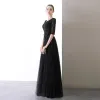 Chic / Beautiful Black Evening Dresses  2020 A-Line / Princess Scoop Neck 1/2 Sleeves Glitter Tulle Bow Sash Floor-Length / Long Ruffle Backless Formal Dresses