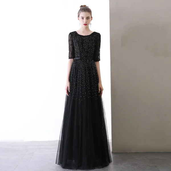 Chic / Beautiful Black Evening Dresses  2020 A-Line / Princess Scoop Neck 1/2 Sleeves Glitter Tulle Bow Sash Floor-Length / Long Ruffle Backless Formal Dresses