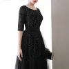 Chic / Beautiful Black Evening Dresses  2020 A-Line / Princess Scoop Neck 1/2 Sleeves Glitter Tulle Bow Sash Floor-Length / Long Ruffle Backless Formal Dresses