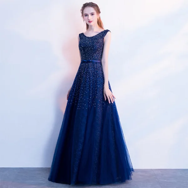 Chic / Beautiful Black Evening Dresses  2020 A-Line / Princess Scoop Neck 1/2 Sleeves Glitter Tulle Bow Sash Floor-Length / Long Ruffle Backless Formal Dresses