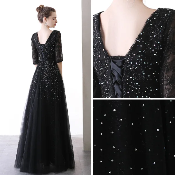 Chic / Beautiful Black Evening Dresses  2020 A-Line / Princess Scoop Neck 1/2 Sleeves Glitter Tulle Bow Sash Floor-Length / Long Ruffle Backless Formal Dresses