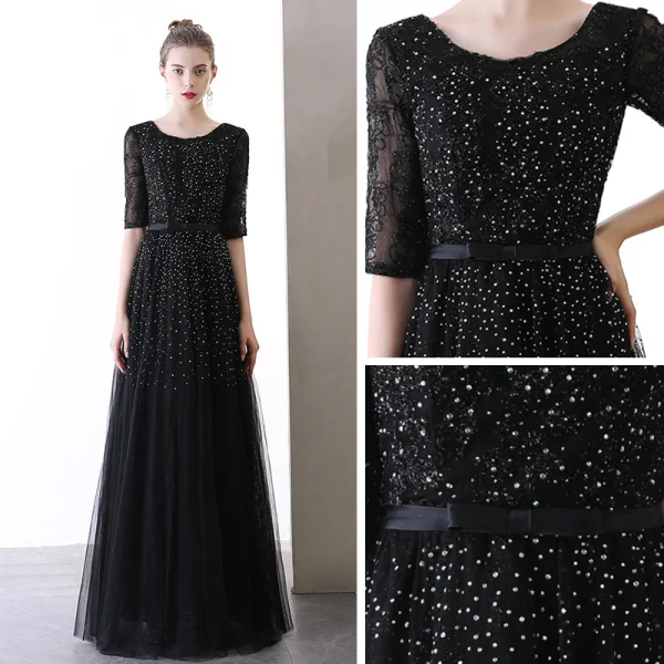 Chic / Beautiful Black Evening Dresses  2020 A-Line / Princess Scoop Neck 1/2 Sleeves Glitter Tulle Bow Sash Floor-Length / Long Ruffle Backless Formal Dresses
