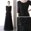 Chic / Beautiful Black Evening Dresses  2020 A-Line / Princess Scoop Neck 1/2 Sleeves Glitter Tulle Bow Sash Floor-Length / Long Ruffle Backless Formal Dresses