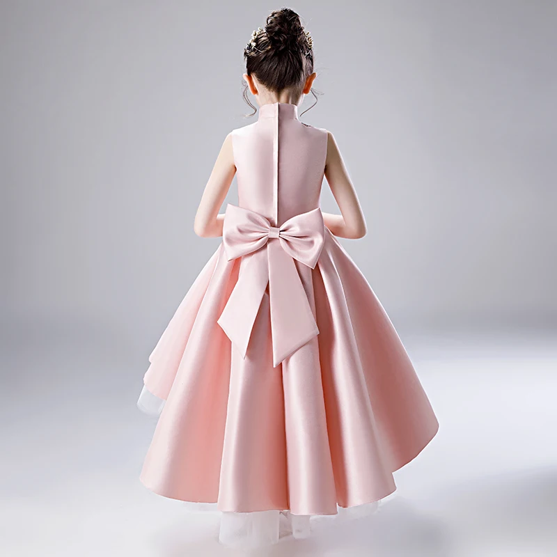 Chic Beautiful Blushing Pink Satin Flower Girl Dresses 2020 A Line Princess  High Neck Sleeveless Bow Sequins Beading Asymmetrical Ruffle Wedding Party  Dresses