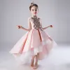 Chic / Beautiful Blushing Pink Satin Flower Girl Dresses 2020 A-Line / Princess High Neck Sleeveless Bow Sequins Beading Asymmetrical Ruffle Wedding Party Dresses
