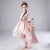 Chic / Beautiful Blushing Pink Satin Flower Girl Dresses 2020 A-Line / Princess High Neck Sleeveless Bow Sequins Beading Asymmetrical Ruffle Wedding Party Dresses