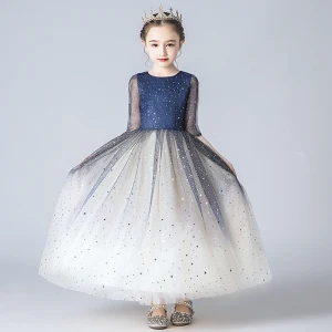 Chic Beautiful Navy Blue Gradient Color Flower Girl Dresses 2020 A Line Princess Square Neckline 1 2 Sleeves Star Glitter Sequins Ankle Length Ruffle Wedding Party Dresses