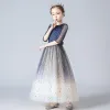 Chic / Beautiful Navy Blue Gradient-Color Flower Girl Dresses 2020 A-Line / Princess Square Neckline 1/2 Sleeves Star Glitter Sequins Ankle Length Ruffle Wedding Party Dresses