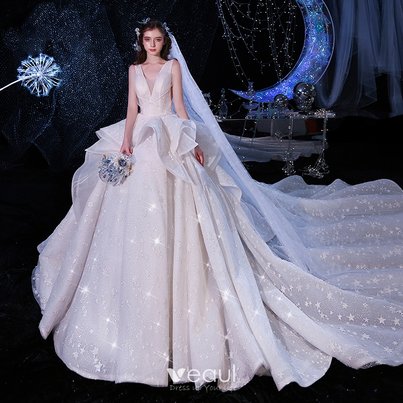 Champagne V Neck Tulle Appliques Backless Wedding Dress
