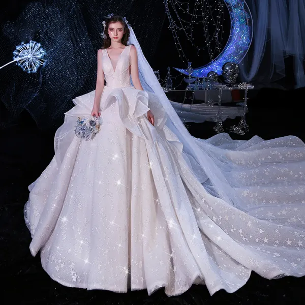 Luxury / Gorgeous Champagne Wedding Dresses Ball Gown 2020 Deep V-Neck Sleeveless Backless Glitter Tulle Appliques Lace Beading Cathedral Train Ruffle