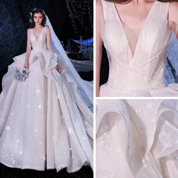 Luxe Champagne Trouwjurken Baljurk 2020 Diepe v-hals Mouwloos Ruglooze Glans Tule Appliques Kant Kralen Cathedral Train Ruche