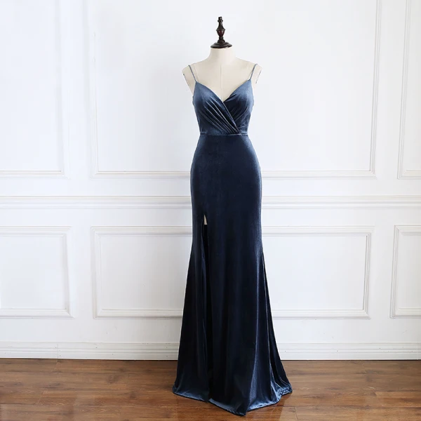 Élégant Bleu Marine Robe De Soirée 2020 Trompette / Sirène Bretelles Spaghetti Sans Manches Fendue devant Longue Dos Nu Robe De Ceremonie