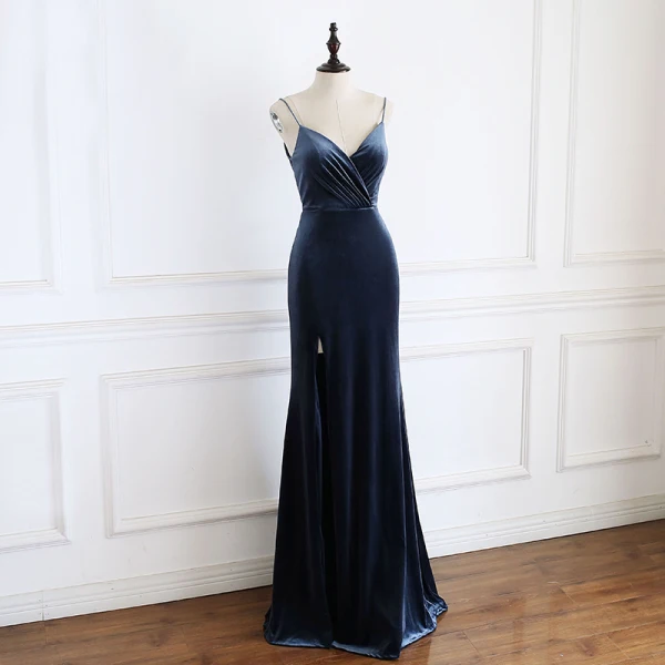 Élégant Bleu Marine Robe De Soirée 2020 Trompette / Sirène Bretelles Spaghetti Sans Manches Fendue devant Longue Dos Nu Robe De Ceremonie