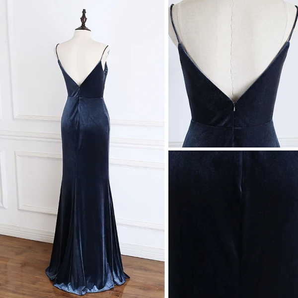 Élégant Bleu Marine Robe De Soirée 2020 Trompette / Sirène Bretelles Spaghetti Sans Manches Fendue devant Longue Dos Nu Robe De Ceremonie
