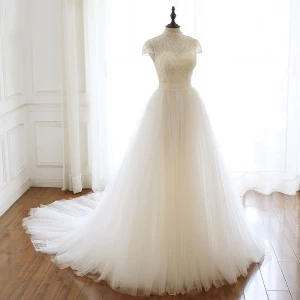 Chic Beautiful Champagne Lace Wedding Dresses 2020 A Line Princess High Neck Cap Sleeves Backless Beading Pearl Chapel Train Ruffle