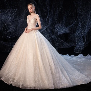 Hermoso Marfil Vestidos De Novia 2020 A Line Princess V Cuello Profundo Sin Mangas Sin Espalda Glitter Tul Rebordear Cathedral Train Ruffle