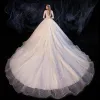 Chic / Beautiful Ivory Wedding Dresses 2020 A-Line / Princess Deep V-Neck Sleeveless Backless Glitter Tulle Beading Cathedral Train Ruffle