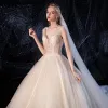 Chic / Beautiful Ivory Wedding Dresses 2020 A-Line / Princess Deep V-Neck Sleeveless Backless Glitter Tulle Beading Cathedral Train Ruffle