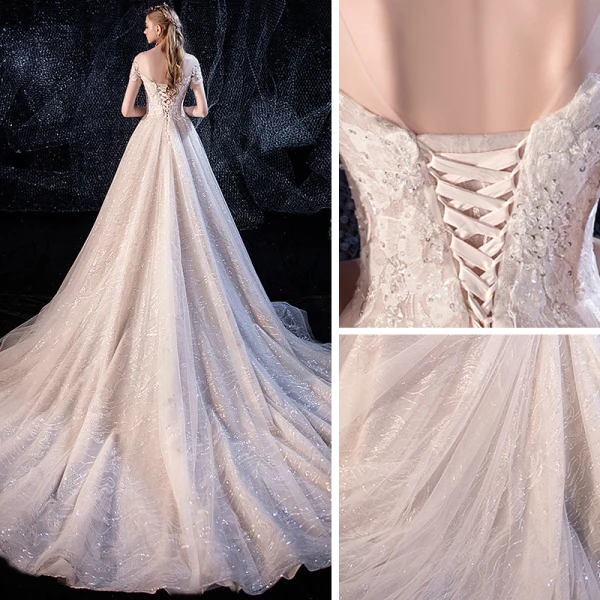 Élégant Champagne Robe De Mariée 2020 Princesse Transparentes Encolure Dégagée Manches Courtes Dos Nu Glitter Tulle Appliques En Dentelle Perlage Tribunal Train Volants