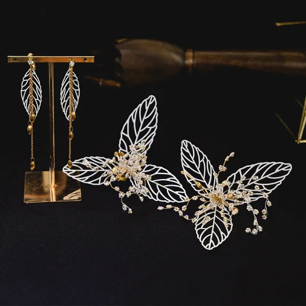 Chic / Beautiful Gold Leaf Bridal Jewelry 2020 Metal Beading Headpieces Tassel Earrings Wedding Accessories