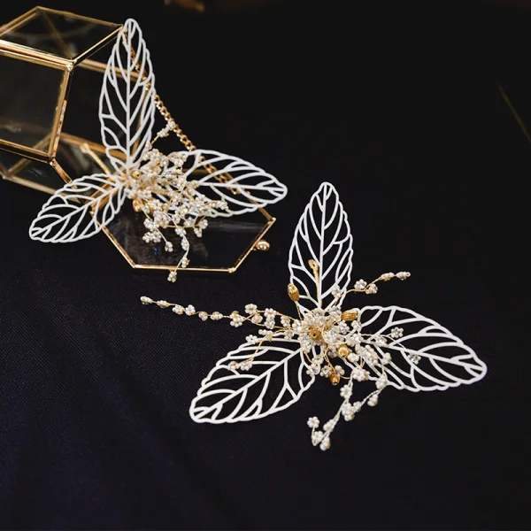 Chic / Beautiful Gold Leaf Bridal Jewelry 2020 Metal Beading Headpieces Tassel Earrings Wedding Accessories