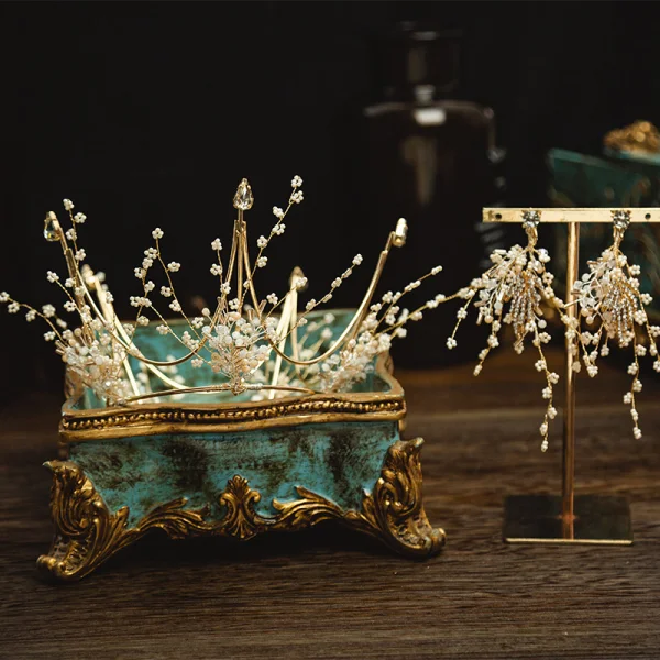 Charming Gold Bridal Jewelry 2020 Alloy Metal Beading Tiara Earrings Wedding Accessories
